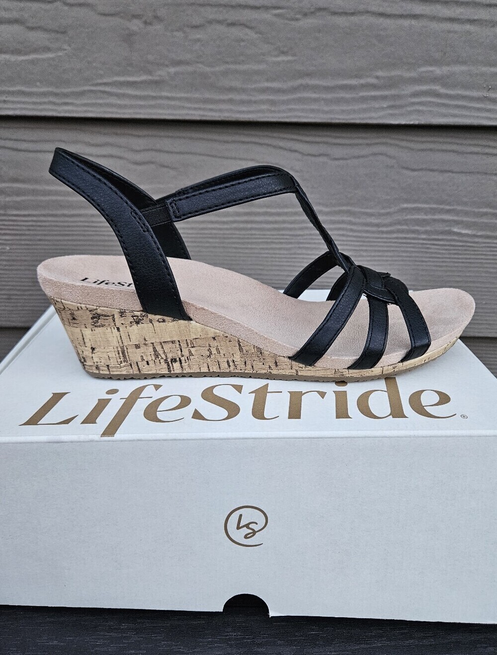 LifeStride Womens Monaco 2 Strappy Cork Wedge Sandals Shoes Black 9M NWT
